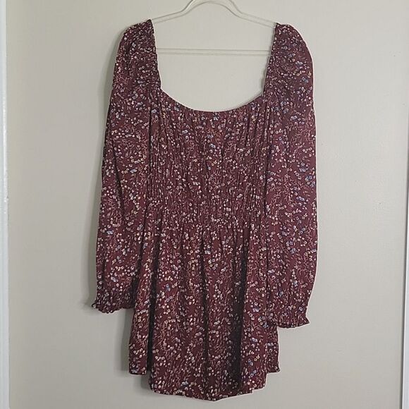 Reset By Jane Square Neckline Floral Burgundy Mini Long sleeve Dress La… - Picture 2 of 11
